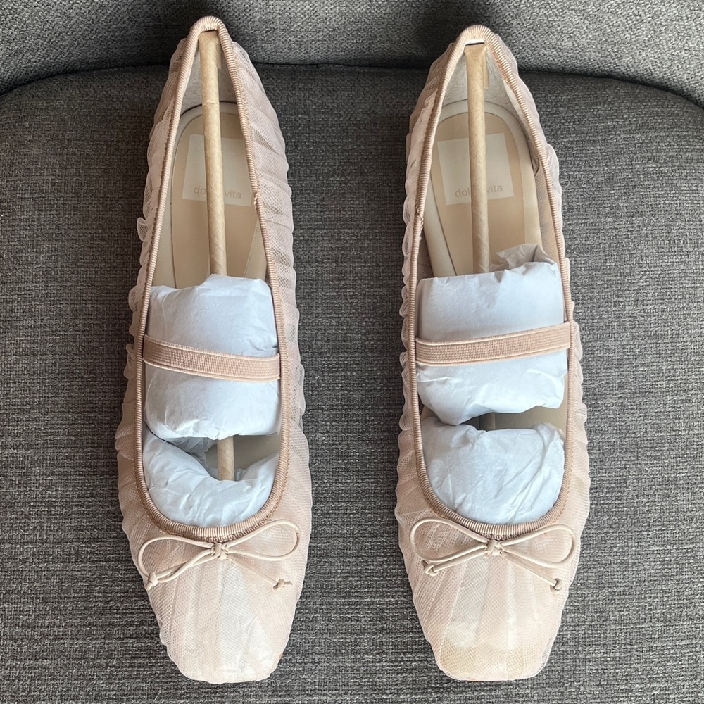 Dolce Vita Raeven Praline Tulle Neutral Nude Beige Mesh Square Toe Ballet Flats - Picture 2 of 16